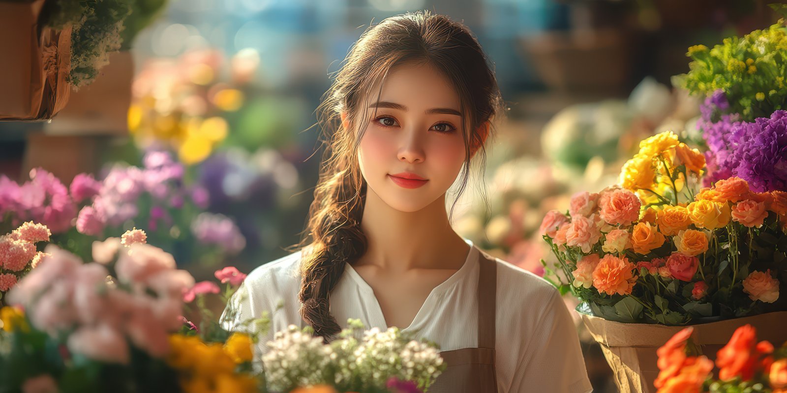 Young woman surrounded by colorful flowers in a vibrant market during morning light